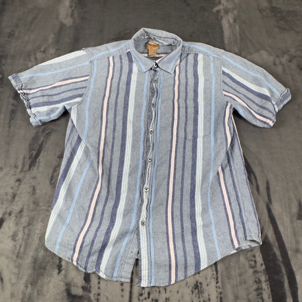 Bruno Button Down Shirt Mens Large Blue Striped Linen Cotton Short Sleeve 4228